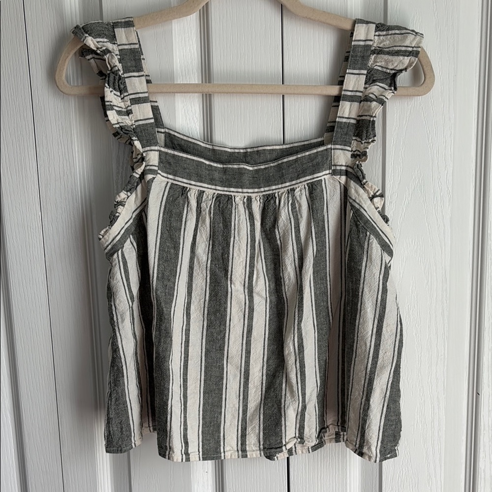 Loft Tank Top With Flutter Sleeve. Green Stripe. Linen Blend. Size XS